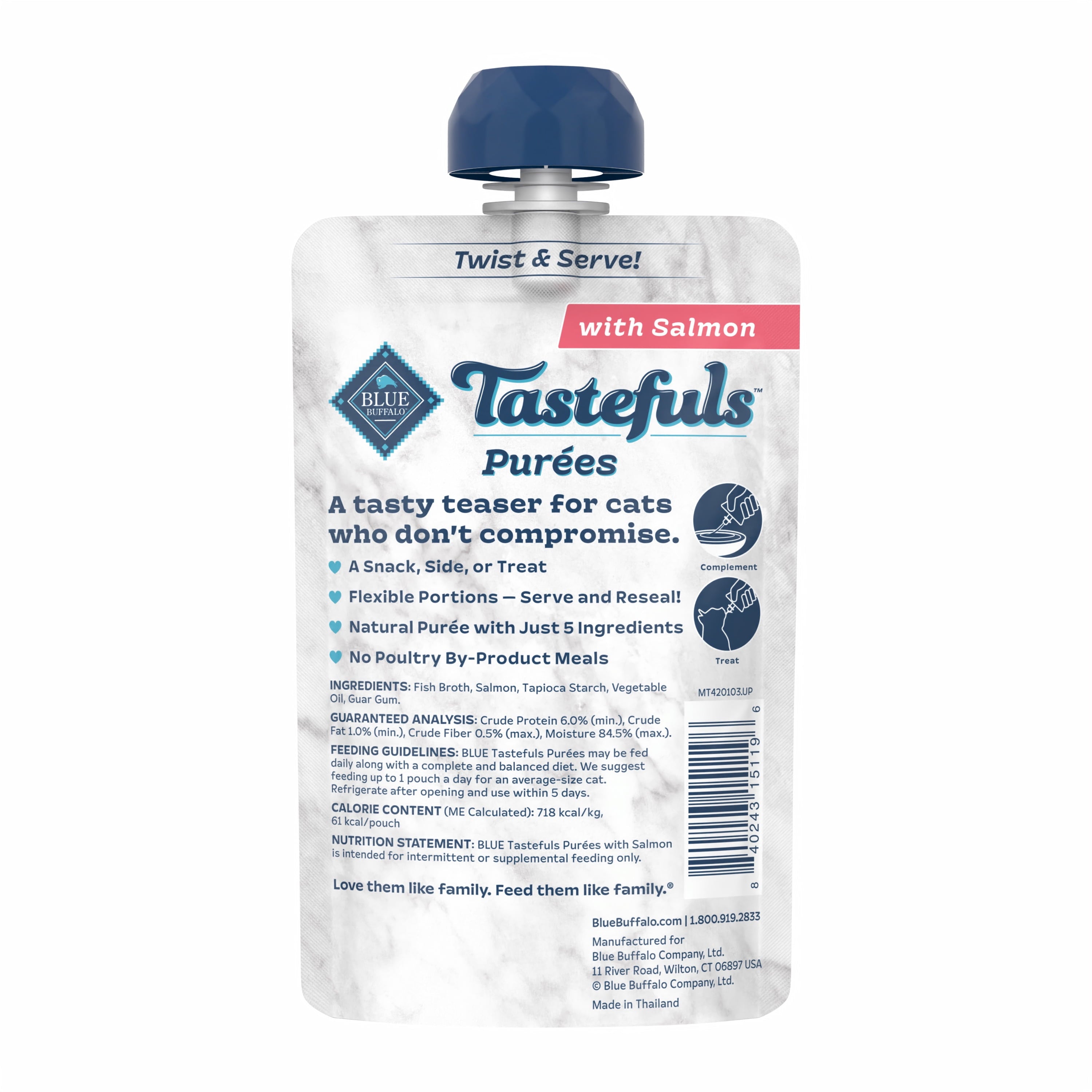 Blue Buffalo Tastefuls Adult Cat Natural Purees, Salmon 3-oz Resealable Twist Cap Pouch