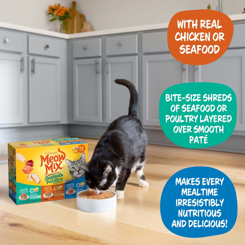 Meow Mix Pate Toppers Seafood & Poultry Variety Pack, Wet Cat Food , 2.75 oz Cup, 12 Pack
