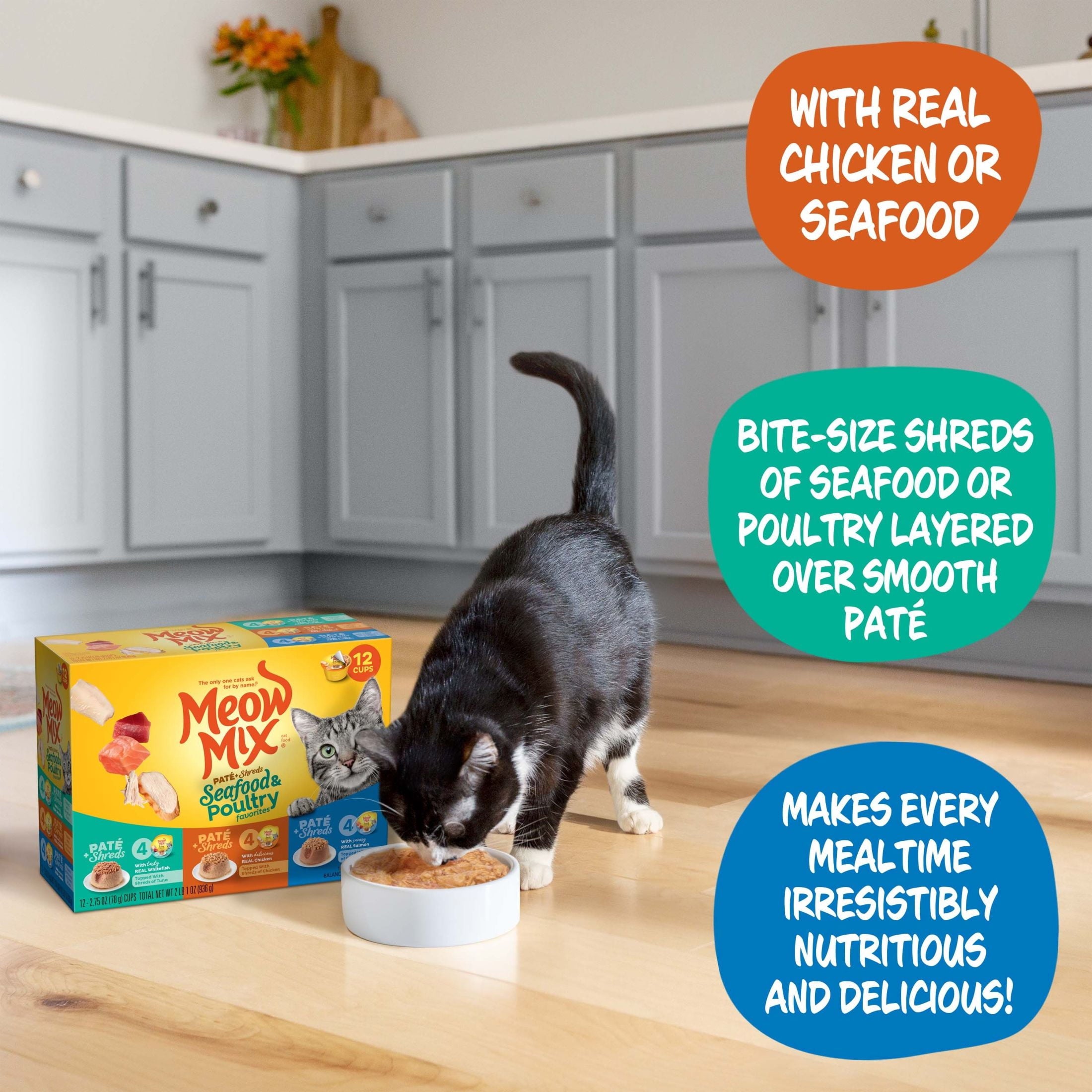 Meow Mix Pate Toppers Seafood & Poultry Variety Pack, Wet Cat Food , 2.75 oz Cup, 12 Pack