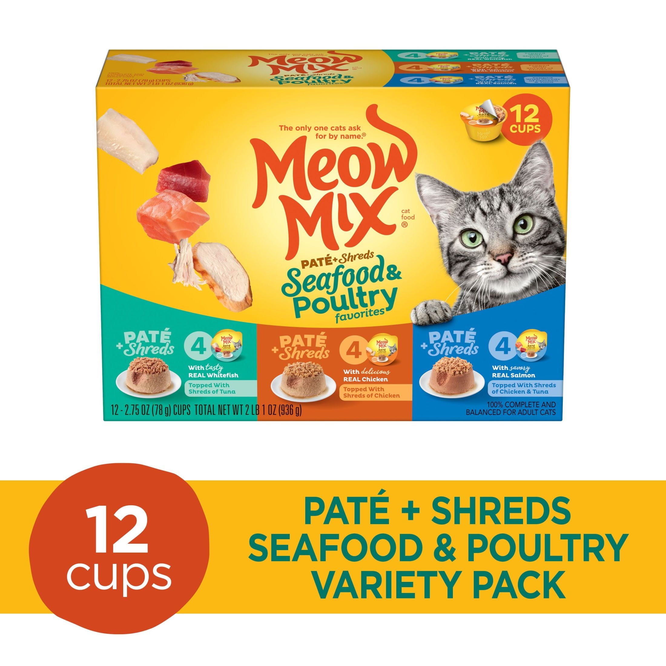 Meow Mix Pate Toppers Seafood & Poultry Variety Pack, Wet Cat Food , 2.75 oz Cup, 12 Pack