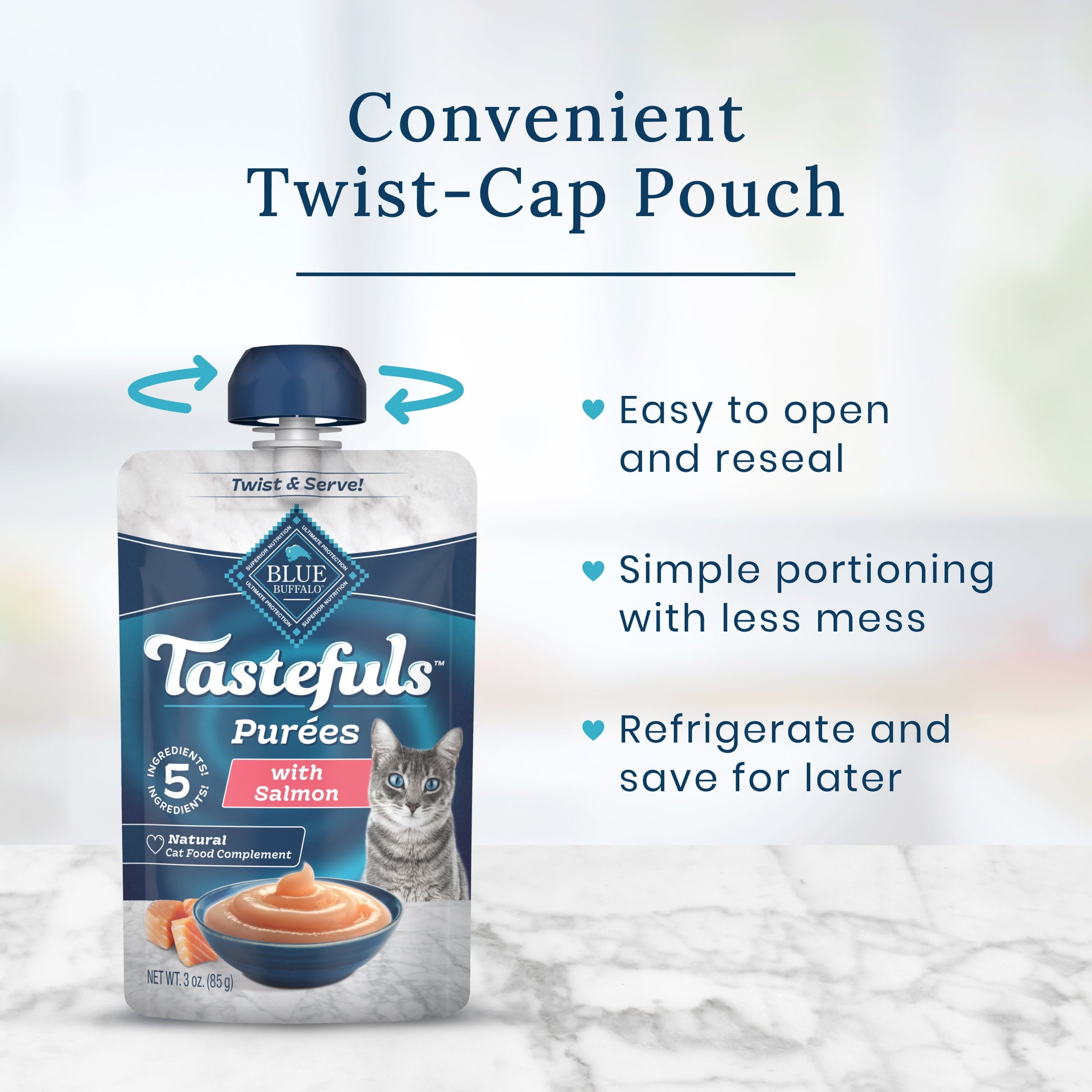 Blue Buffalo Tastefuls Adult Cat Natural Purees, Salmon 3-oz Resealable Twist Cap Pouch