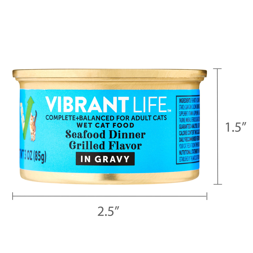 (8 pack) Vibrant Life Seafood Dinner Grilled Flavor in Gravy Wet Cat Food, 3 oz Can