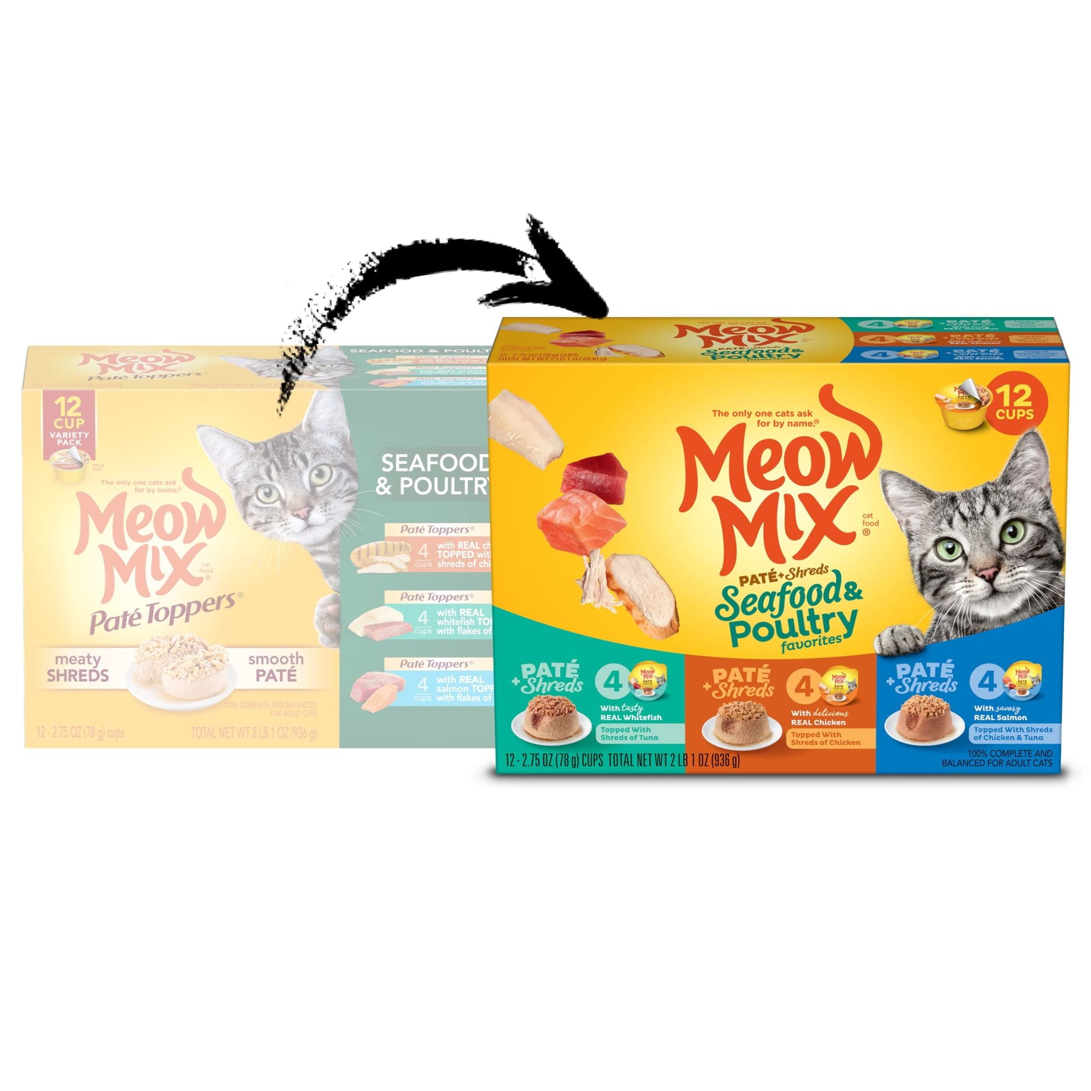 Meow Mix Pate Toppers Seafood & Poultry Variety Pack, Wet Cat Food , 2.75 oz Cup, 12 Pack