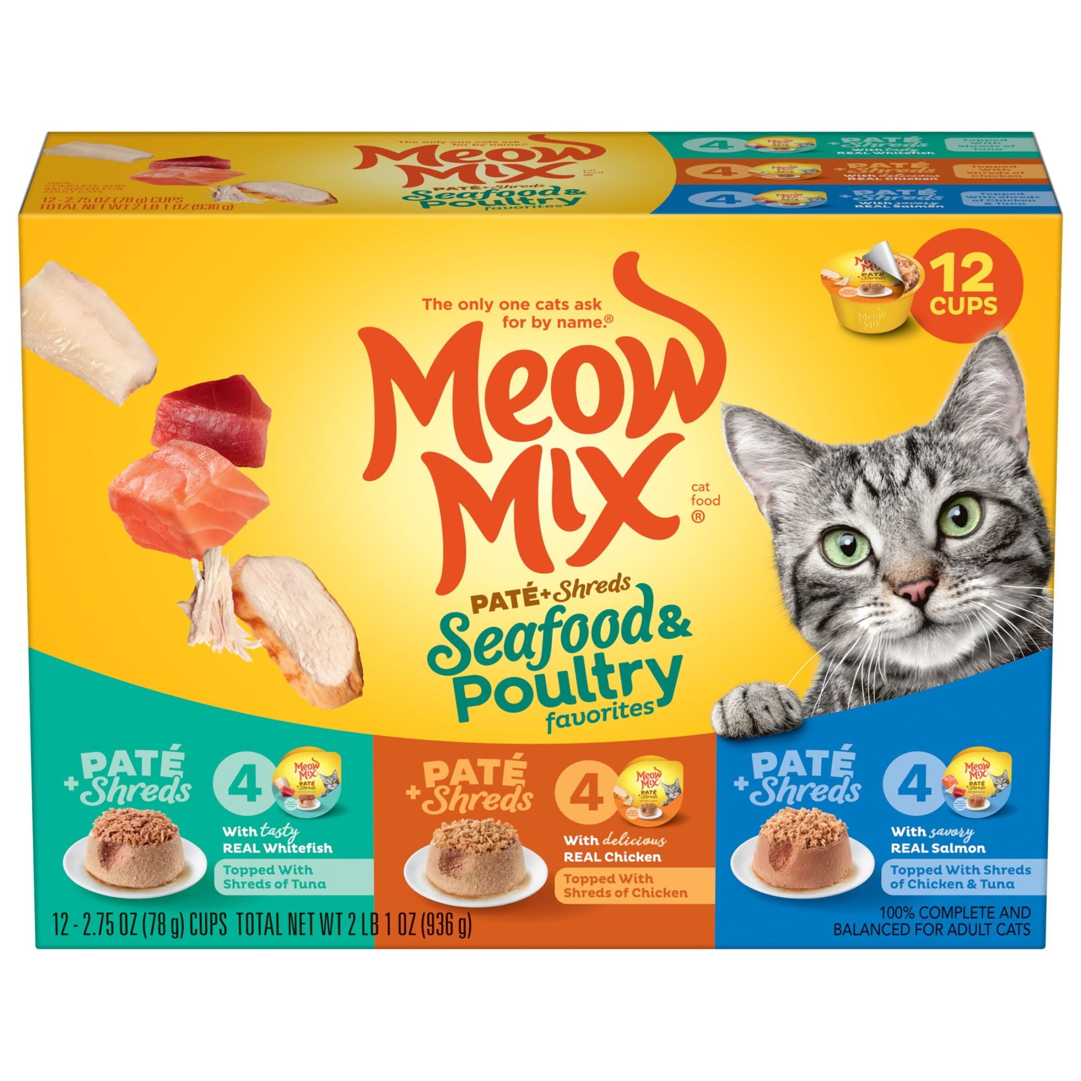 Meow Mix Pate Toppers Seafood & Poultry Variety Pack, Wet Cat Food , 2.75 oz Cup, 12 Pack
