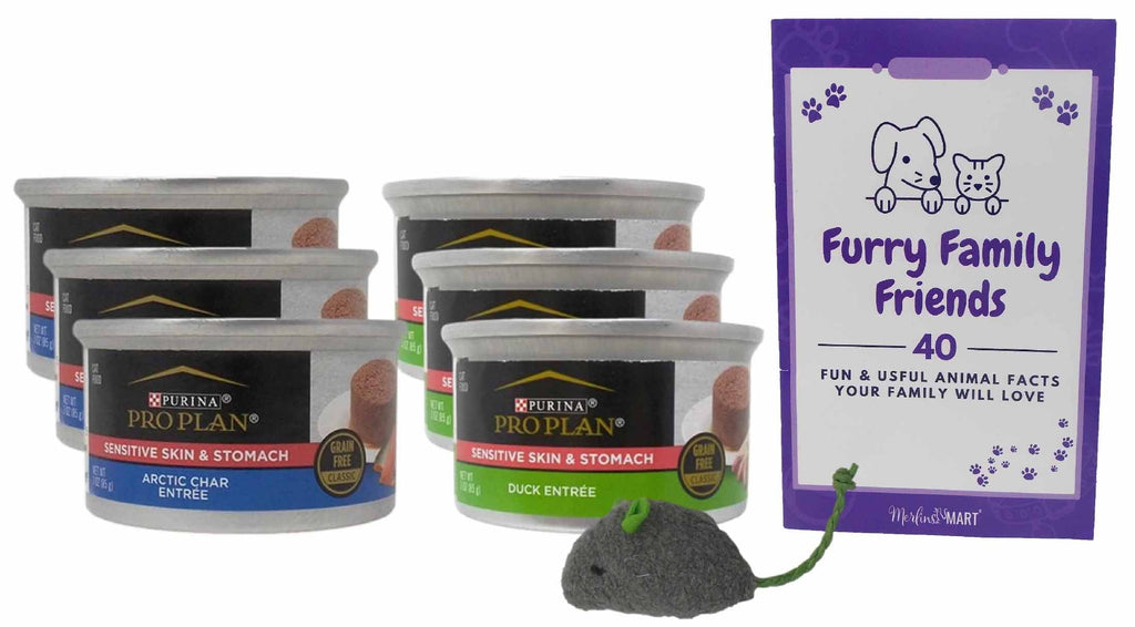 Pro Plan Focus Wet Grain Free Cat Food Sensitive Skin and Stomach Formula 2 Flavor 6 Can Sampler - (3) Each: Arctic Char Fish, Duck Entree (3 Ounces) MerlinsMart Zine + Catnip Toy