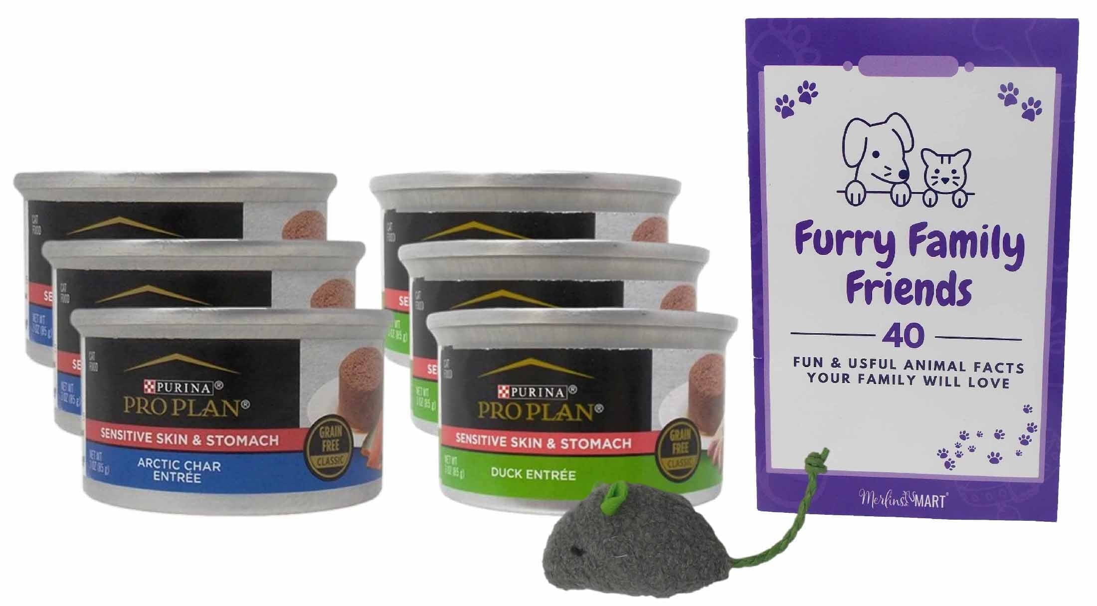 Pro Plan Focus Wet Grain Free Cat Food Sensitive Skin and Stomach Formula 2 Flavor 6 Can Sampler - (3) Each: Arctic Char Fish, Duck Entree (3 Ounces) MerlinsMart Zine + Catnip Toy