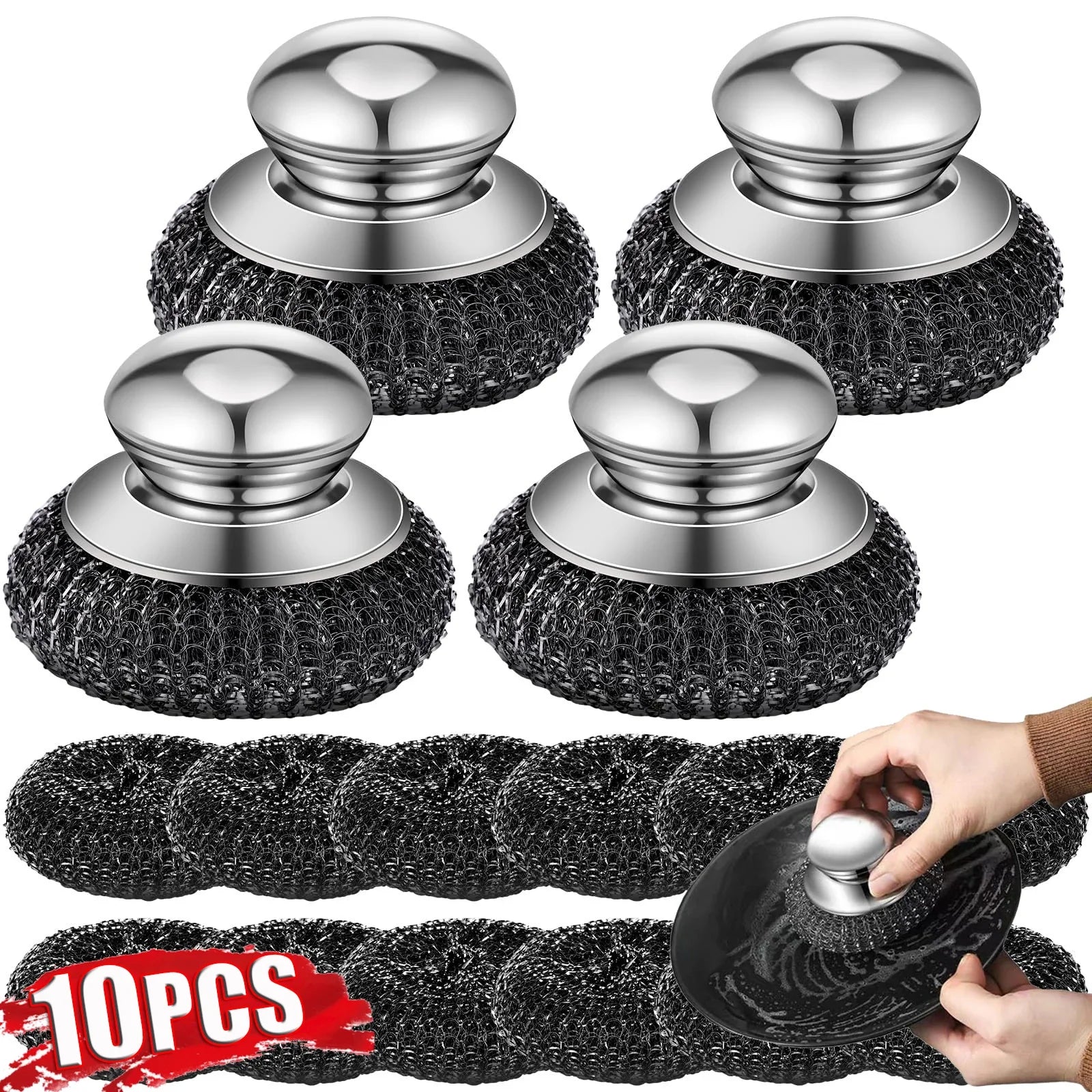 1-10PCS Stainless Steel Pot Brush with Handle Heavy Duty Dishwashing