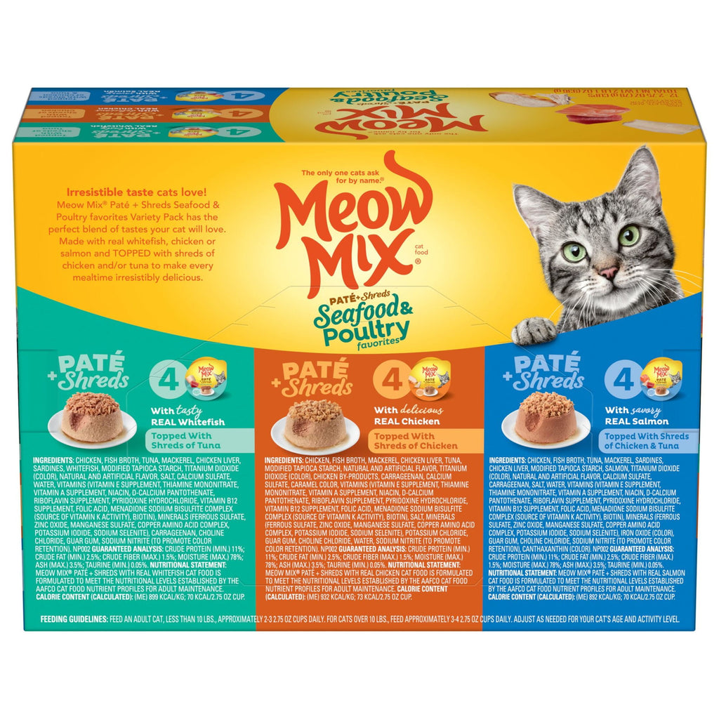 Meow Mix Pate Toppers Seafood & Poultry Variety Pack, Wet Cat Food , 2.75 oz Cup, 12 Pack
